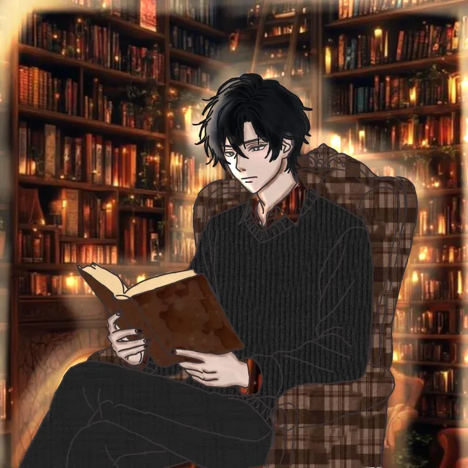 Candlelit Reading Nook: a dark-haired boy reading in an armchair surrounded by glowing bookshelves